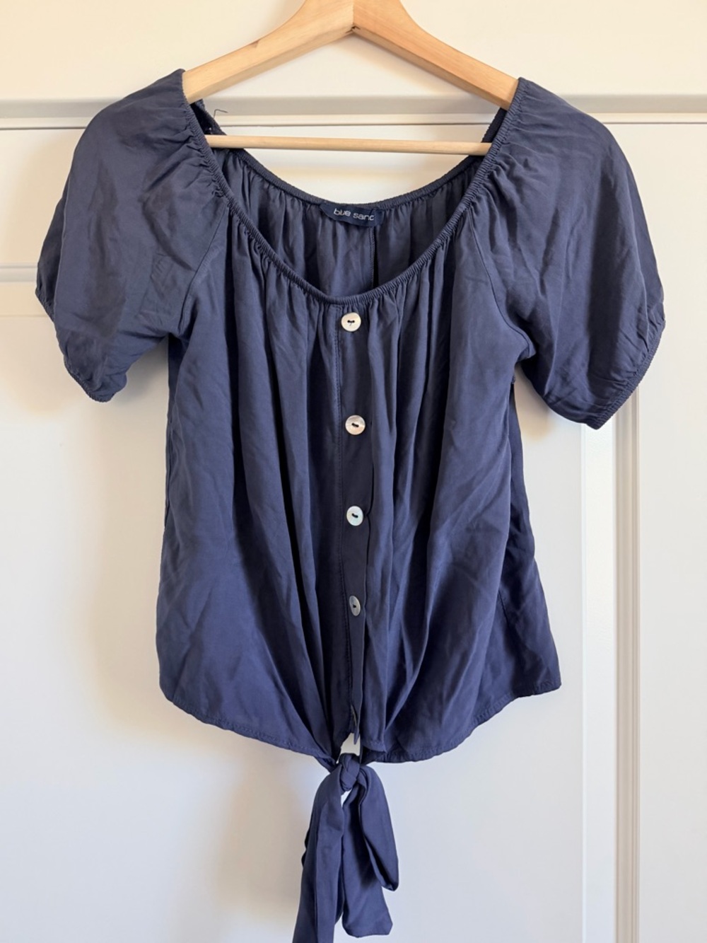 Blue Sand Navy Button-Front Tie Hem Peasant Blouse